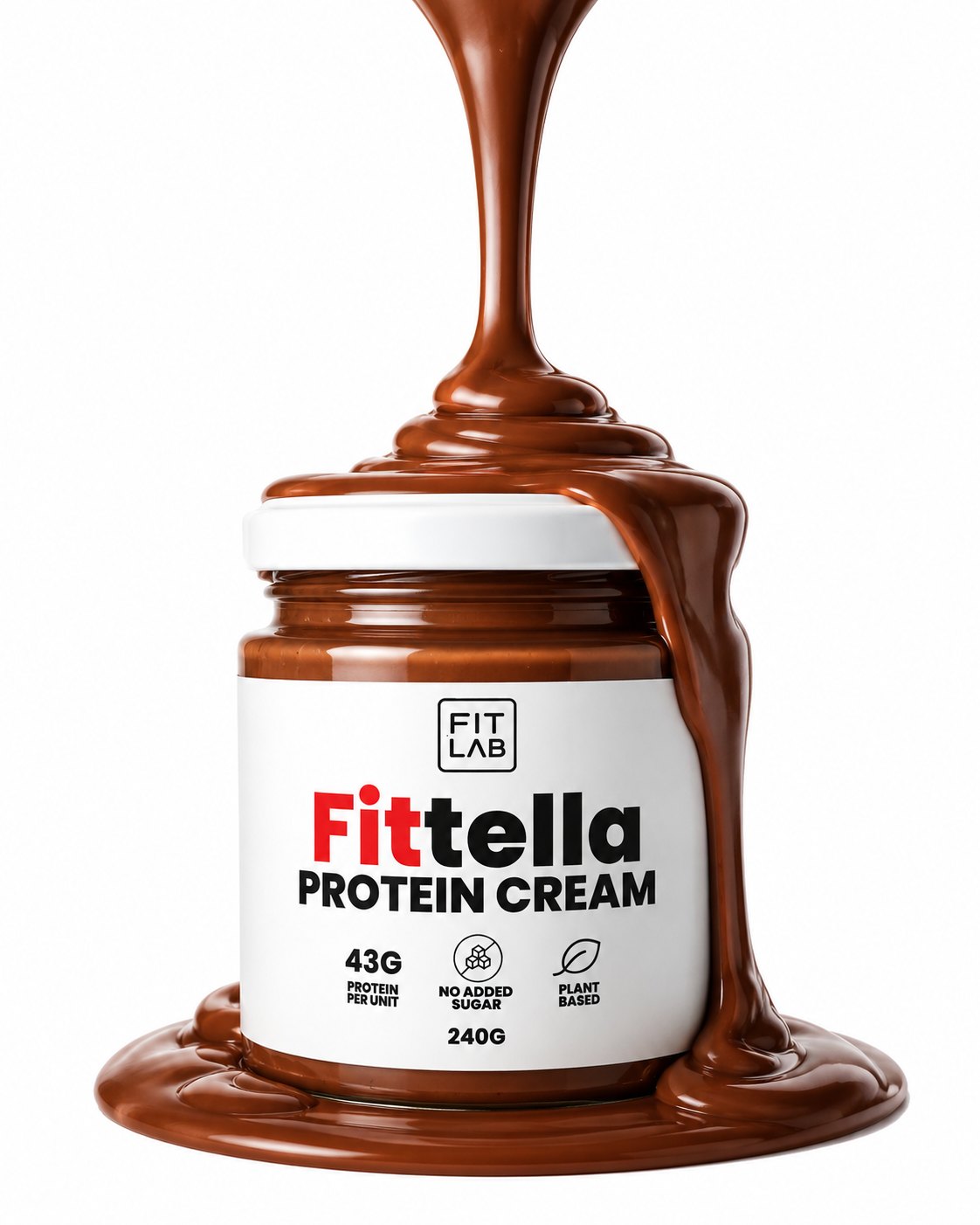 Frasco de Fittella Protein Cream con chocolate cayendo encima